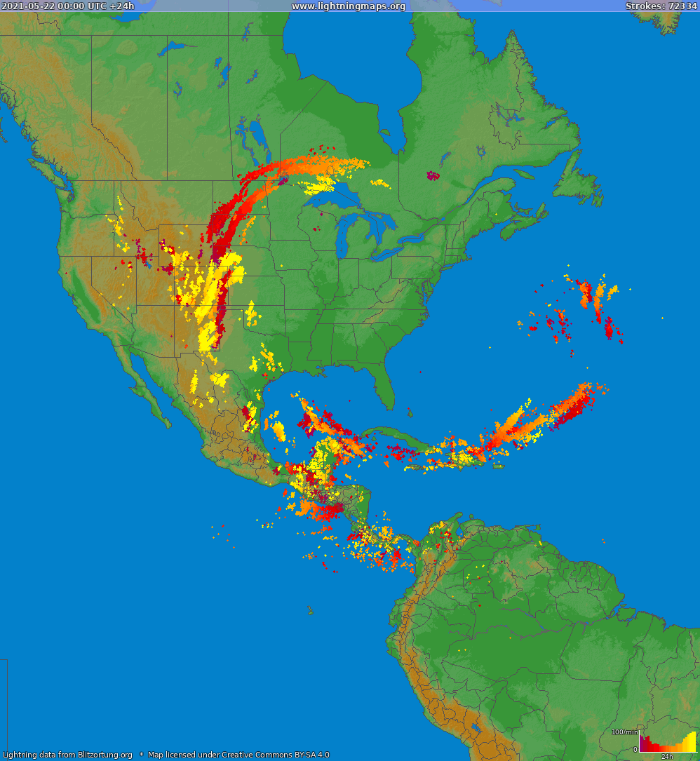 Карта блискавок Північна Америка 22.05.2021