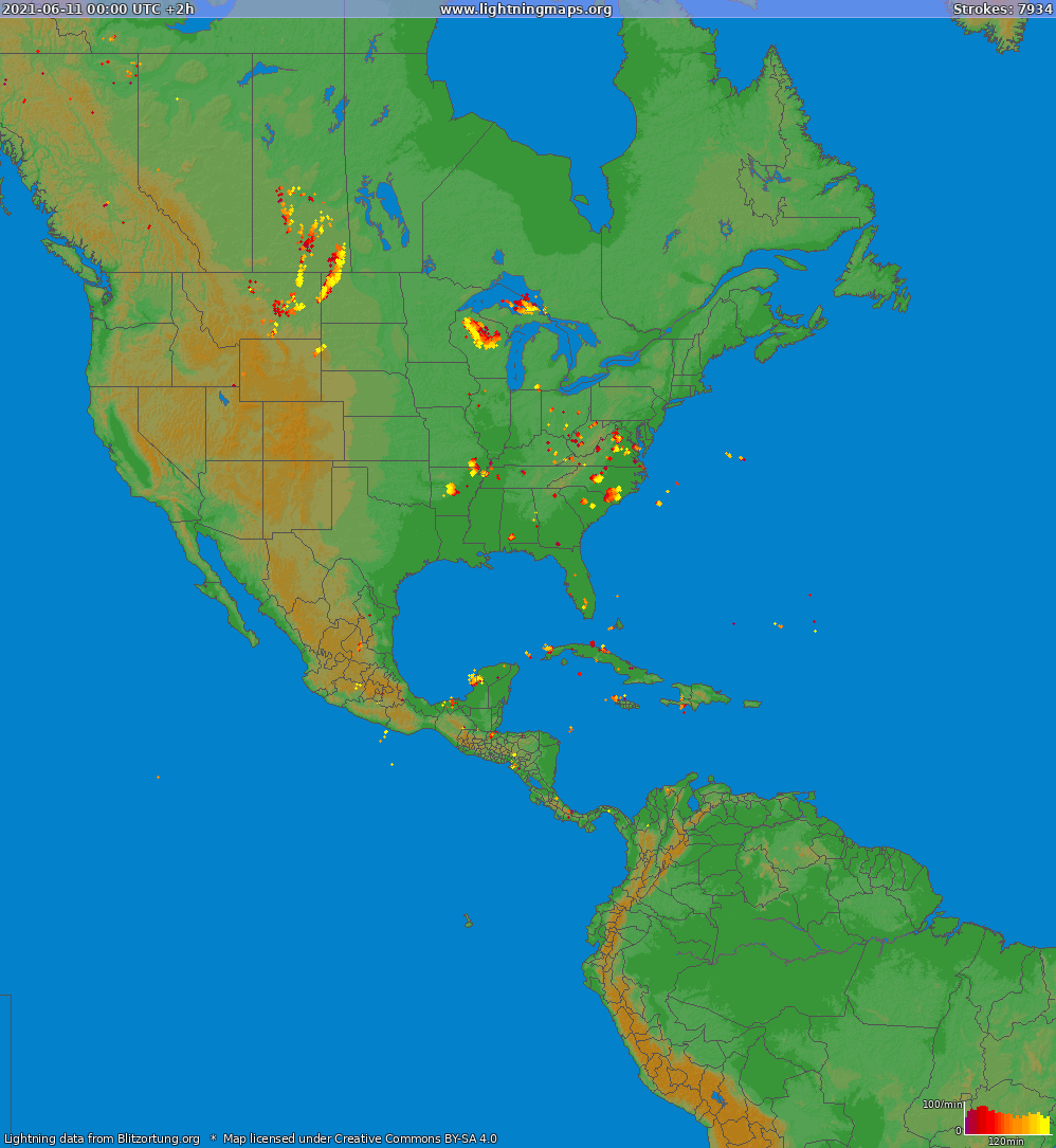 Карта блискавок Північна Америка 11.06.2021 (Анімація)