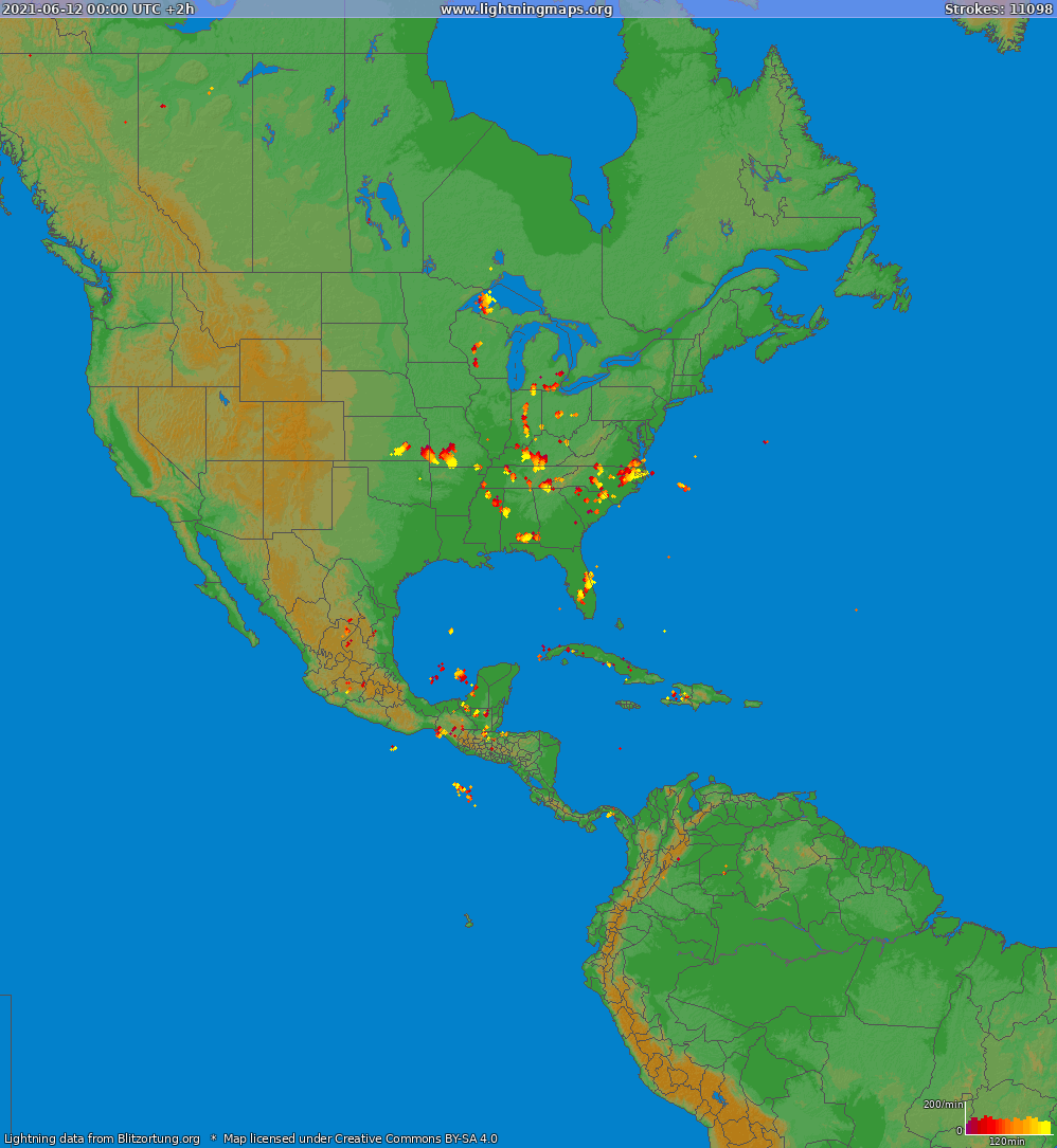 Mapa blesků North America 12.06.2021 (Animace)
