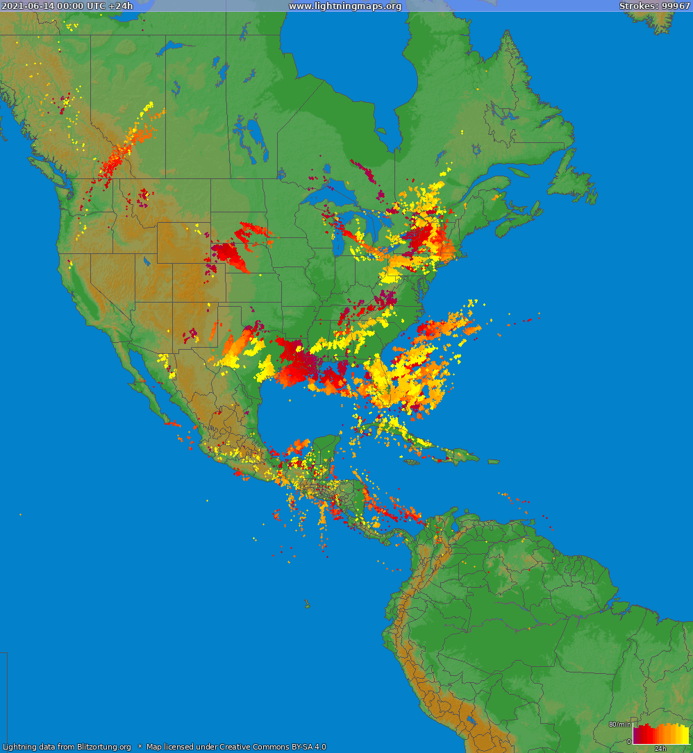 Lightning map North America 2021-06-14