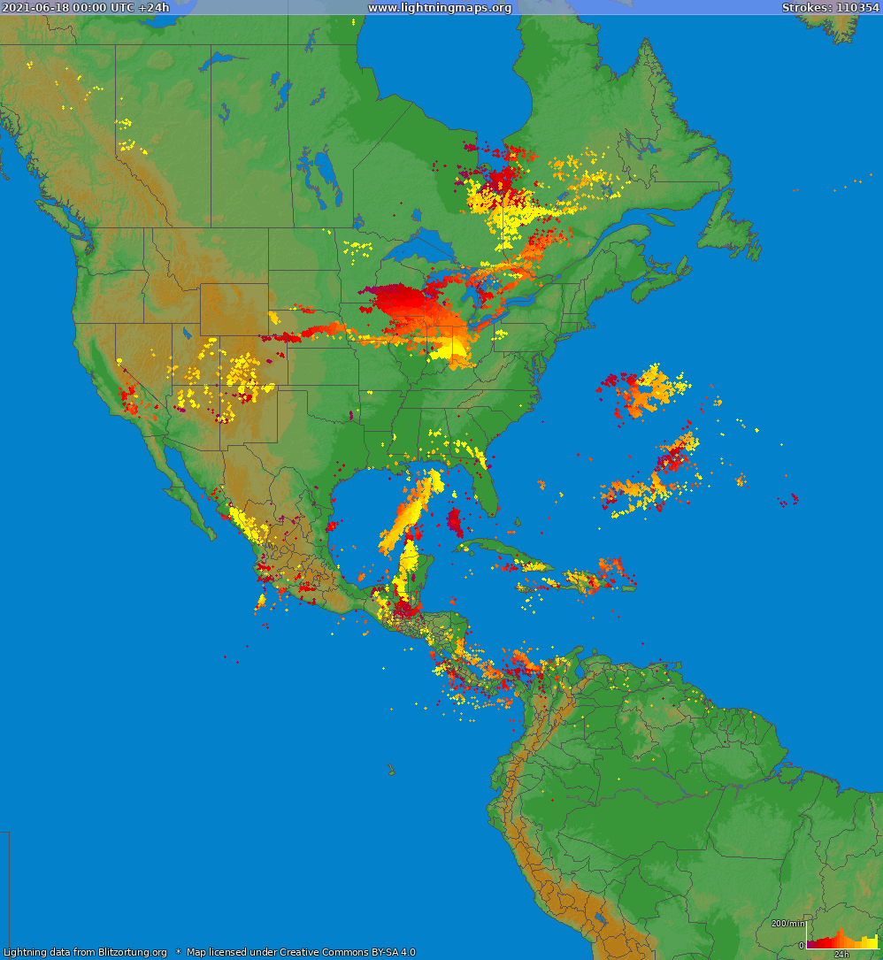 Mapa bleskov North America 18.06.2021