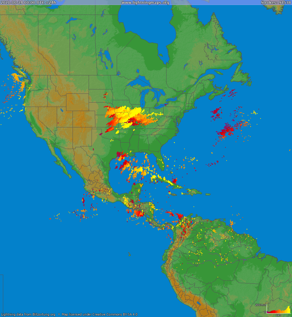 Mapa blesků North America 24.10.2021