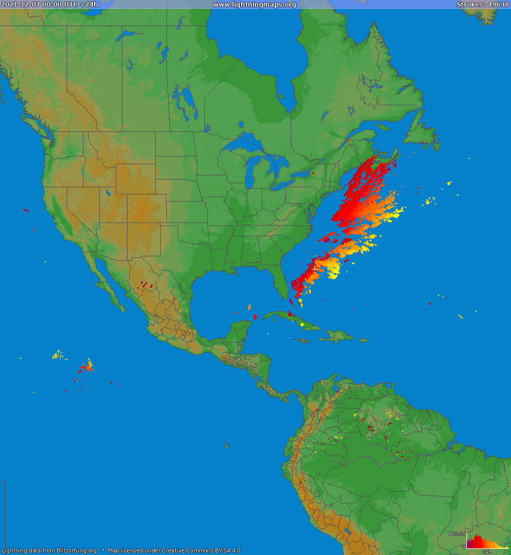 Карта блискавок Північна Америка 07.12.2021