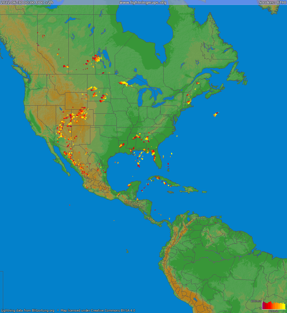 Mapa blesků North America 30.06.2022 (Animace)
