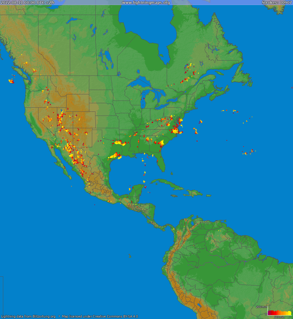 Mapa wyładowań Ameryka Północna 2022-08-11 (Animacja)