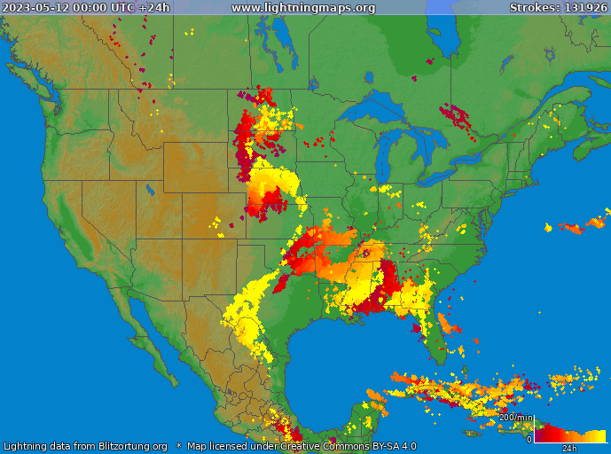 Mapa blesků USA 12.05.2023