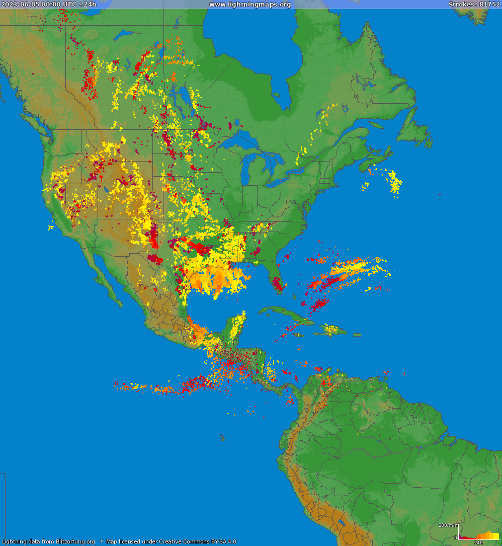 Lightning map North America 2023-06-05