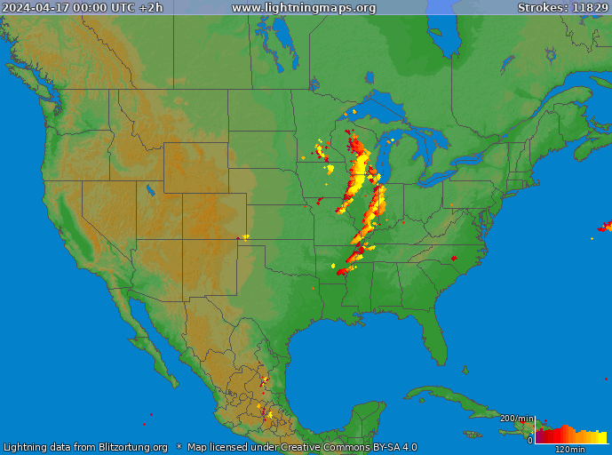 Mappa dei fulmini USA 17.04.2024 (Animazione)