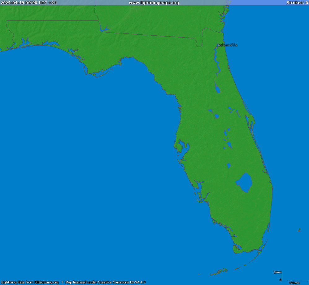 Mapa blesků Florida (Big) 19.04.2024 (Animace)