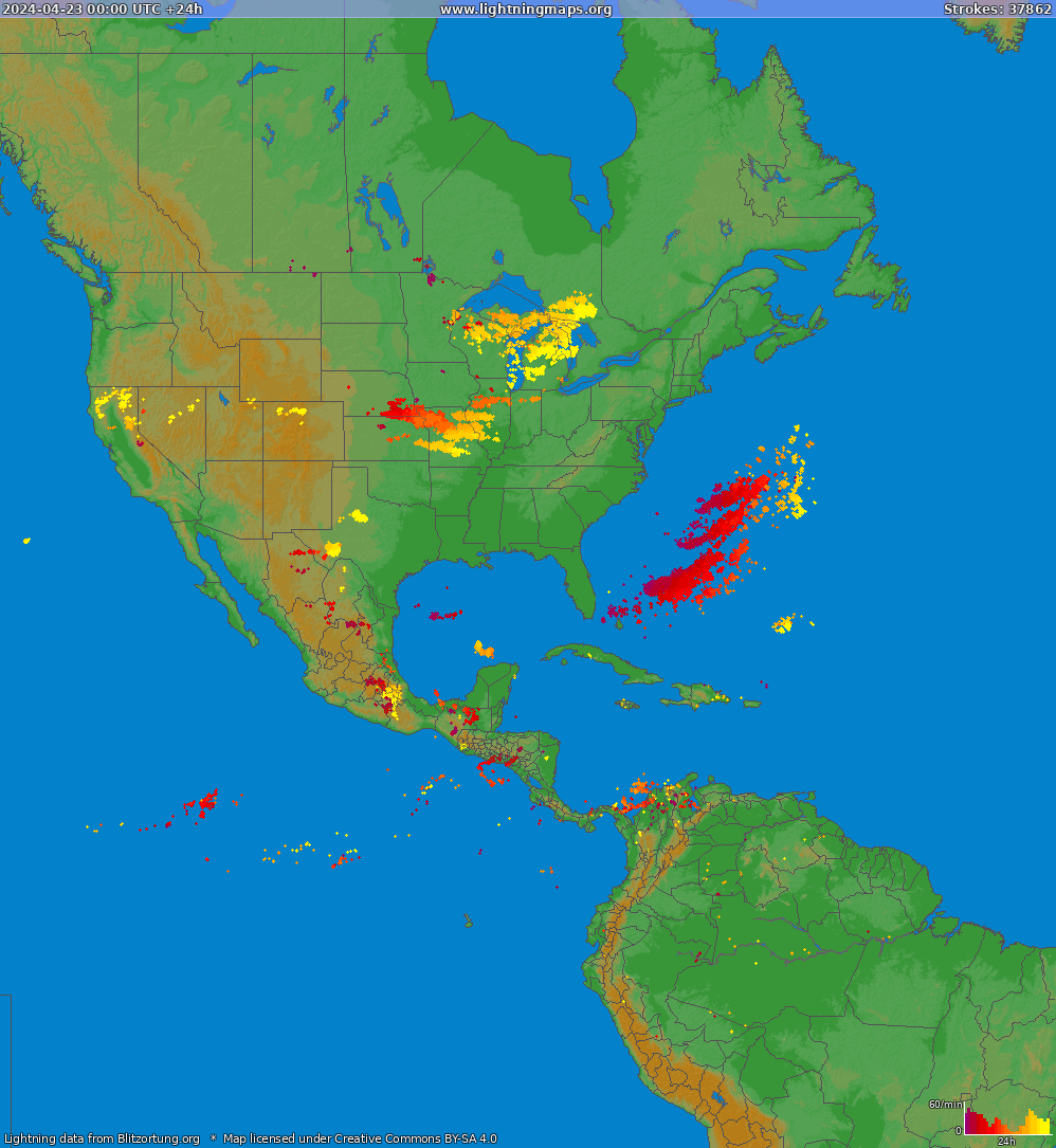 Mappa dei fulmini North America 23.04.2024