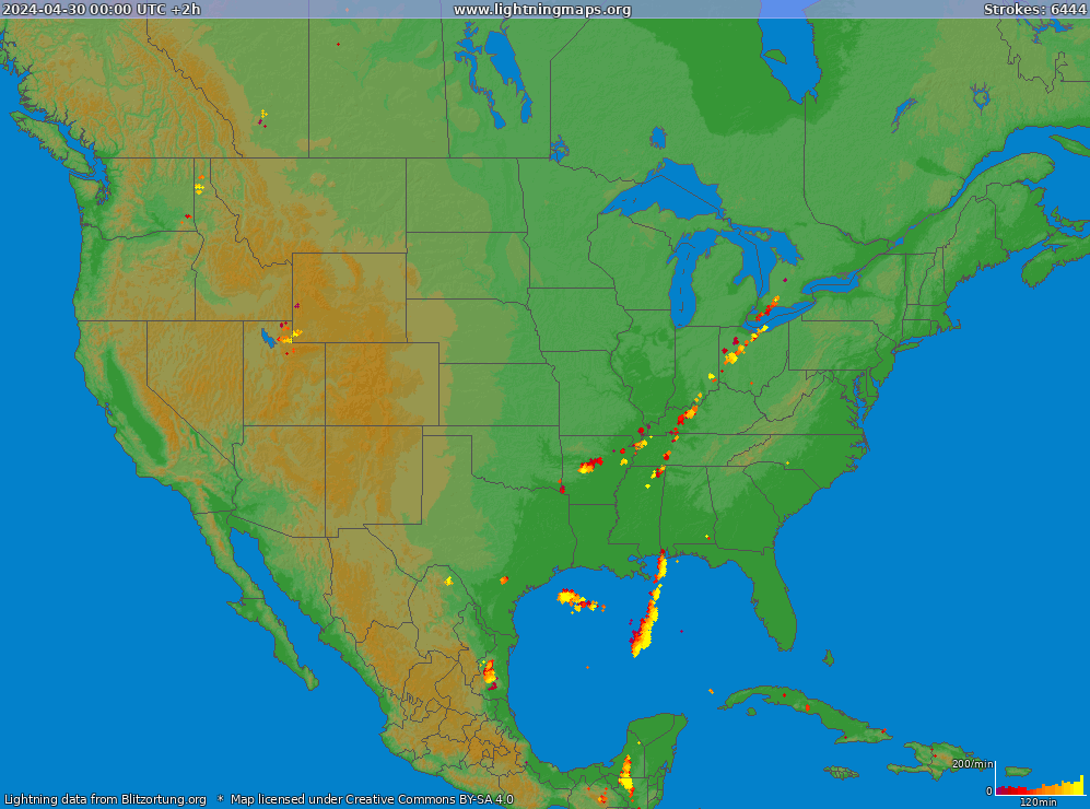 Mapa blesků USA (Big) 30.04.2024 (Animace)