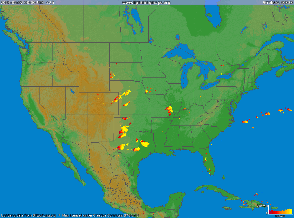 Mapa blesků USA (Big) 02.05.2024 (Animace)