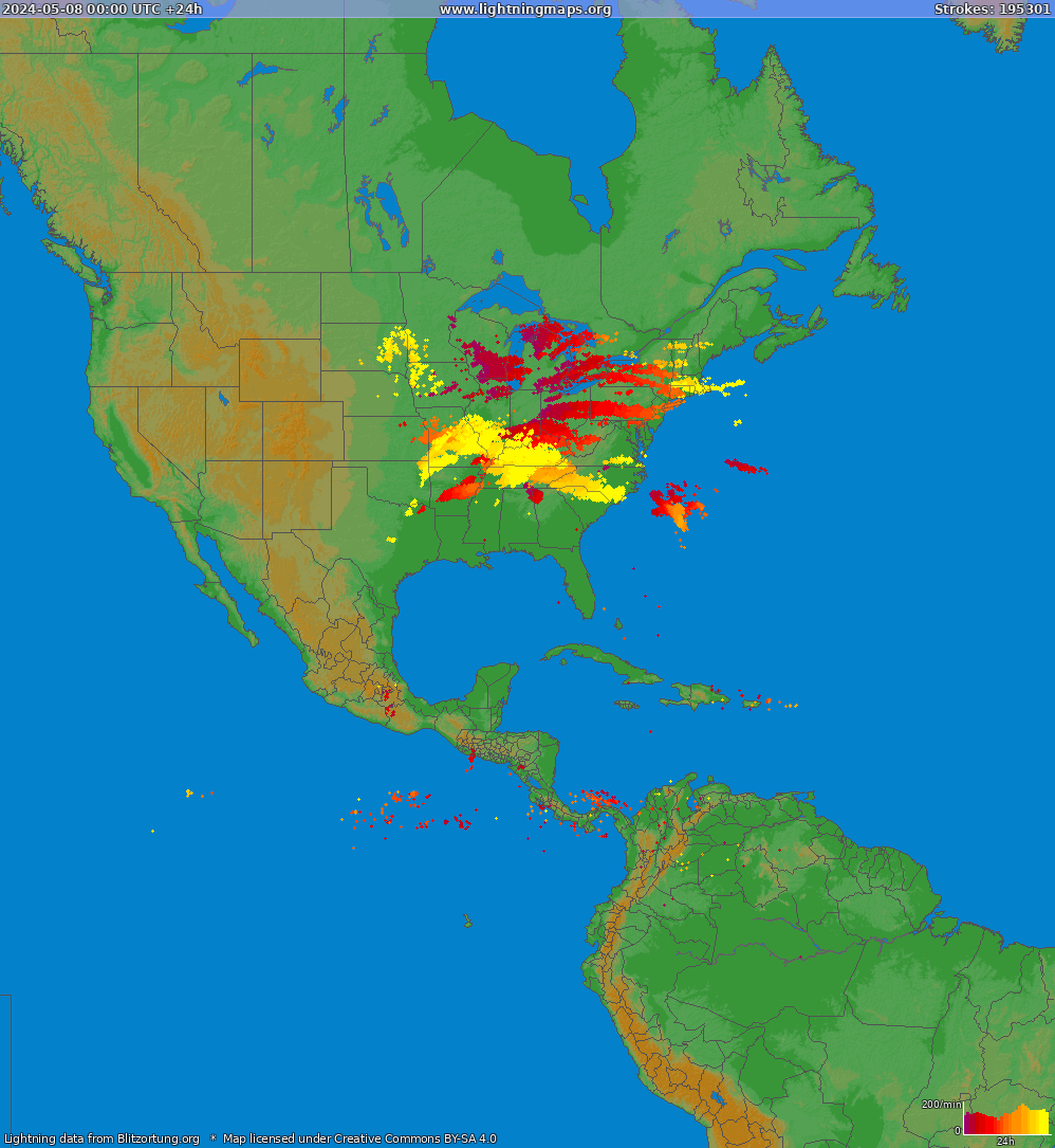 Mappa dei fulmini North America 08.05.2024