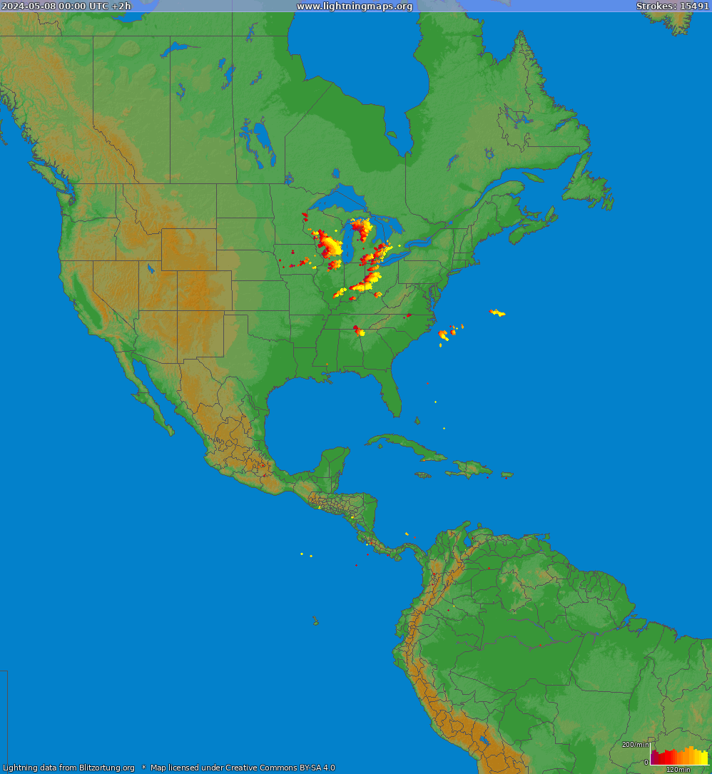 Карта блискавок Північна Америка 08.05.2024 (Анімація)
