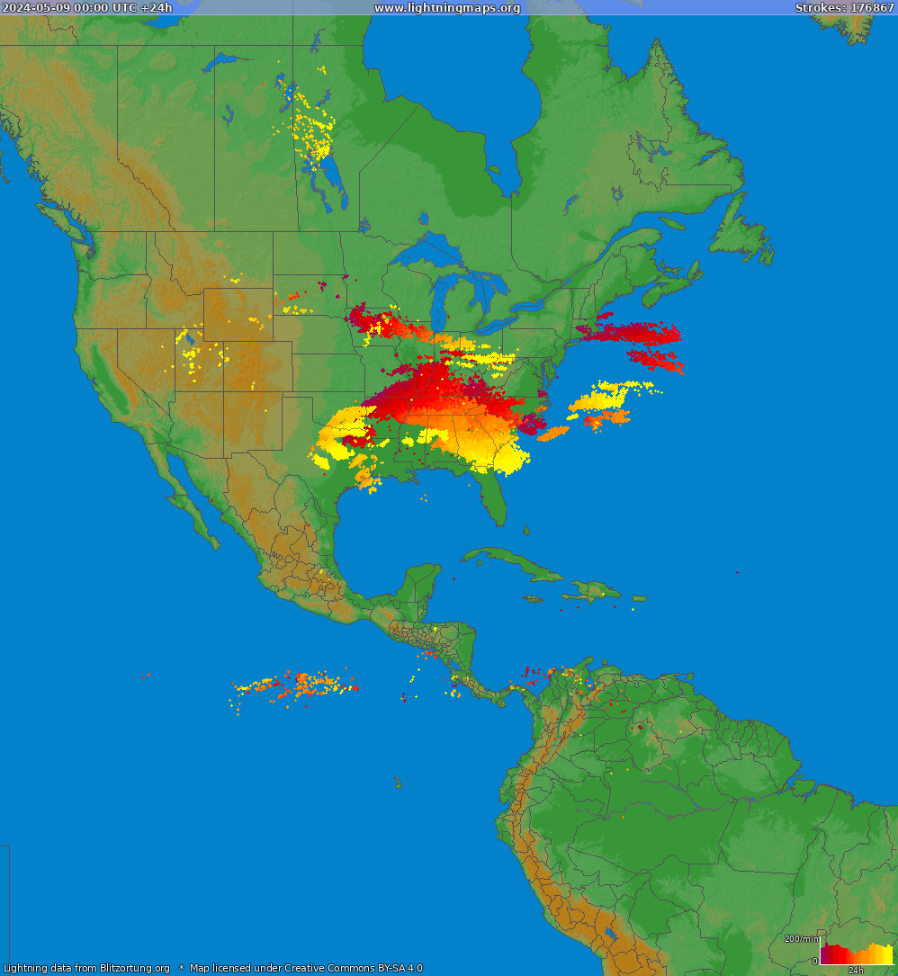 Mapa bleskov North America 09.05.2024