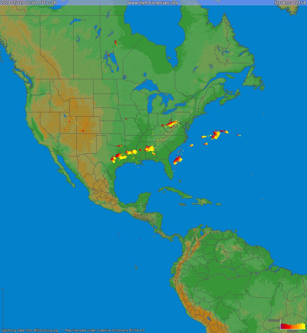 Mapa wyładowań Ameryka Północna 2024-05-10 (Animacja)