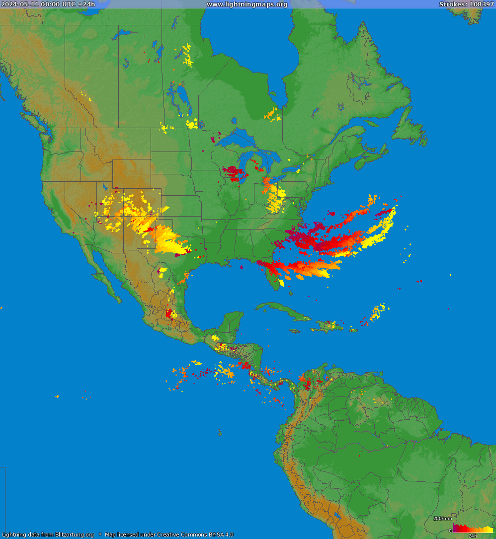 Mapa bleskov North America 11.05.2024