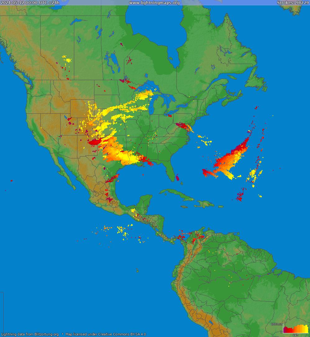 Mapa blesků North America 12.05.2024