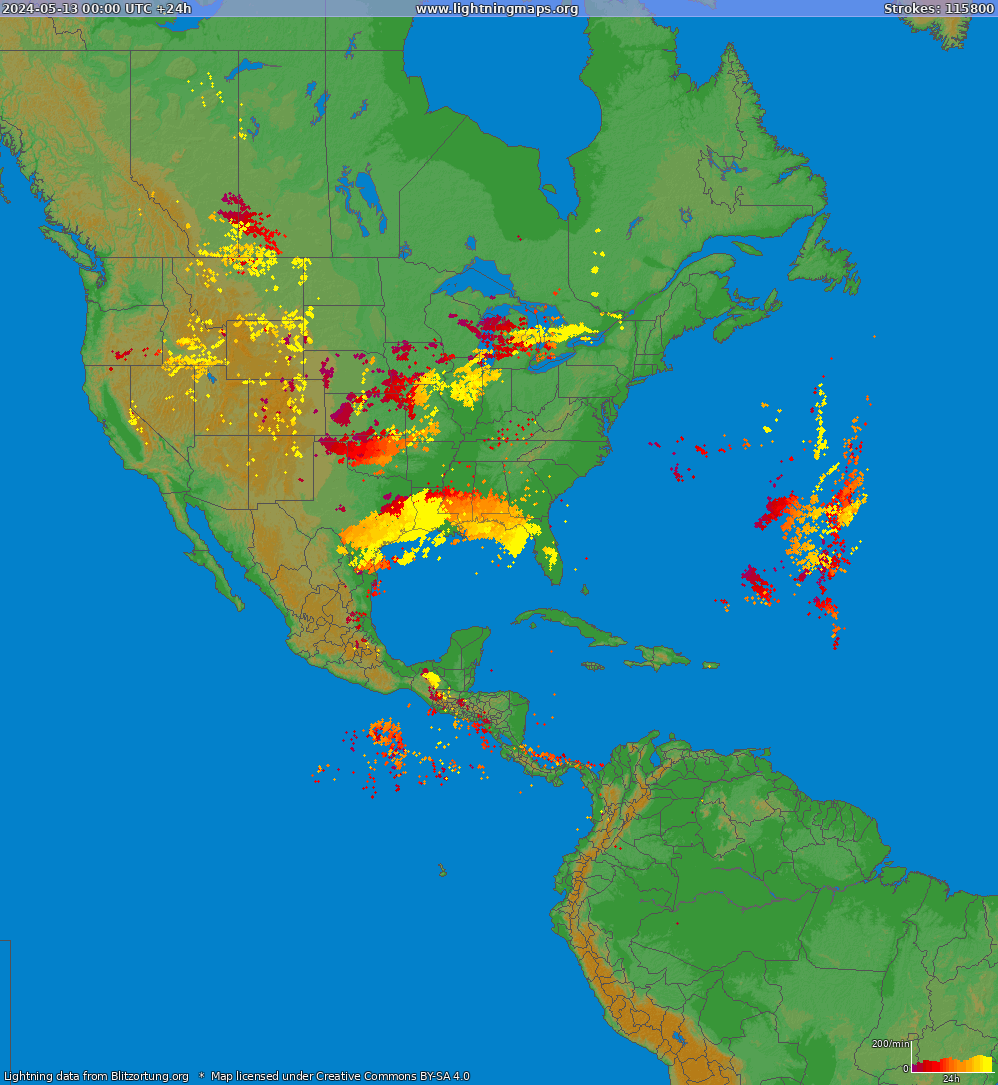 Mapa wyładowań Ameryka Północna 2024-05-13