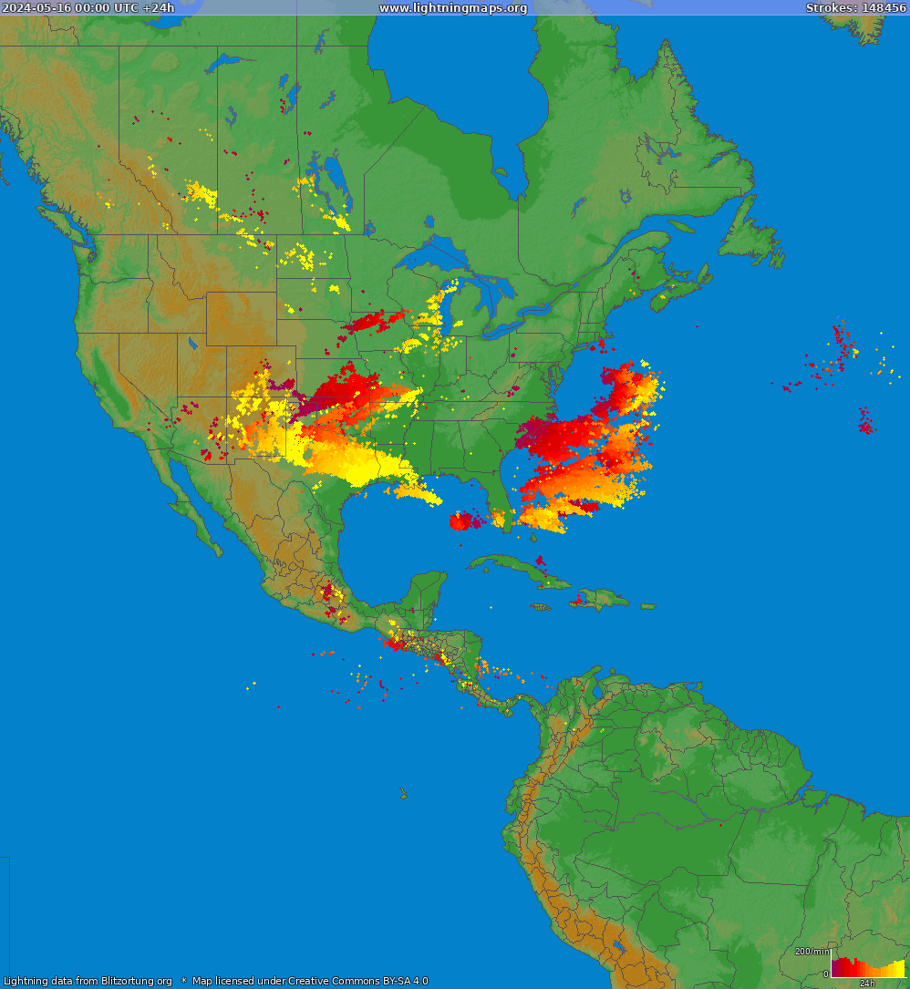 Карта блискавок Північна Америка 16.05.2024