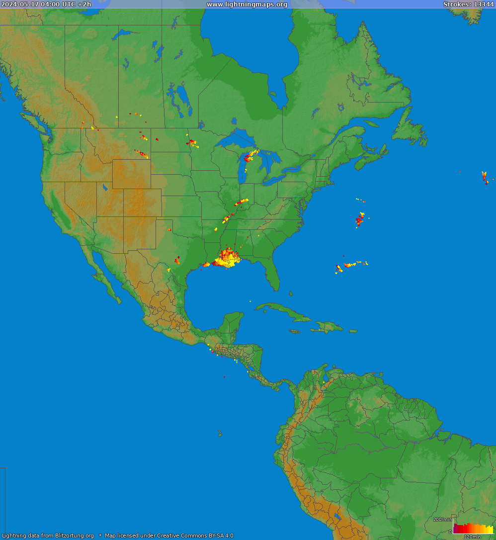 Mapa blesků North America 17.05.2024 (Animace)