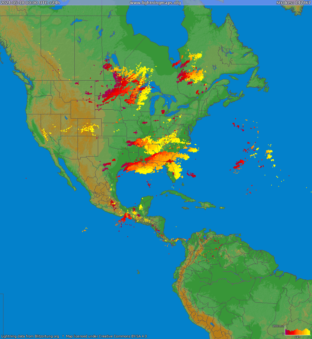 Mappa dei fulmini North America 18.05.2024