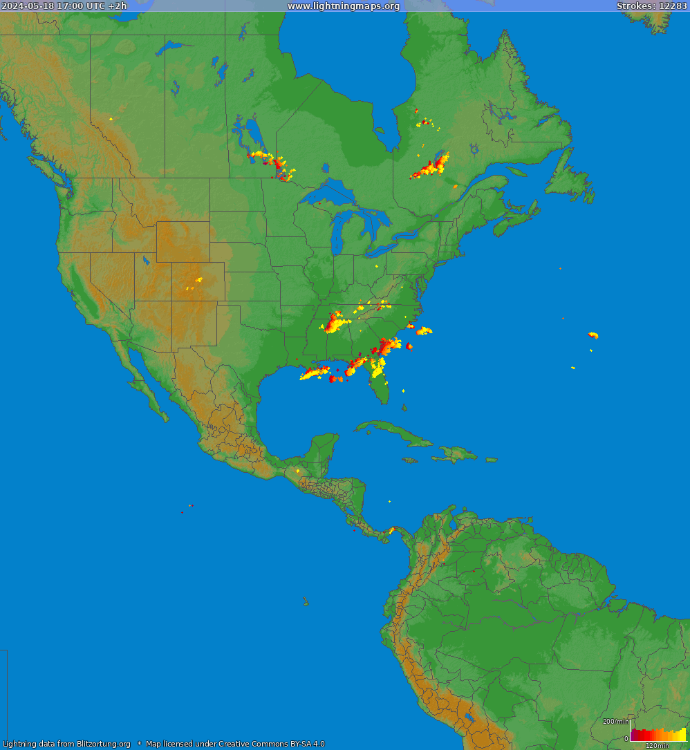 Mapa wyładowań Ameryka Północna 2024-05-18 (Animacja)