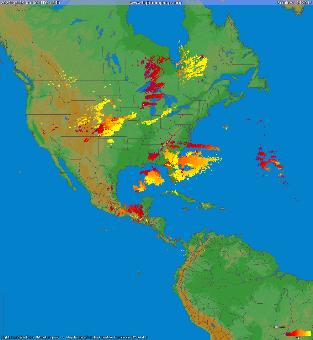 Mapa bleskov North America 19.05.2024