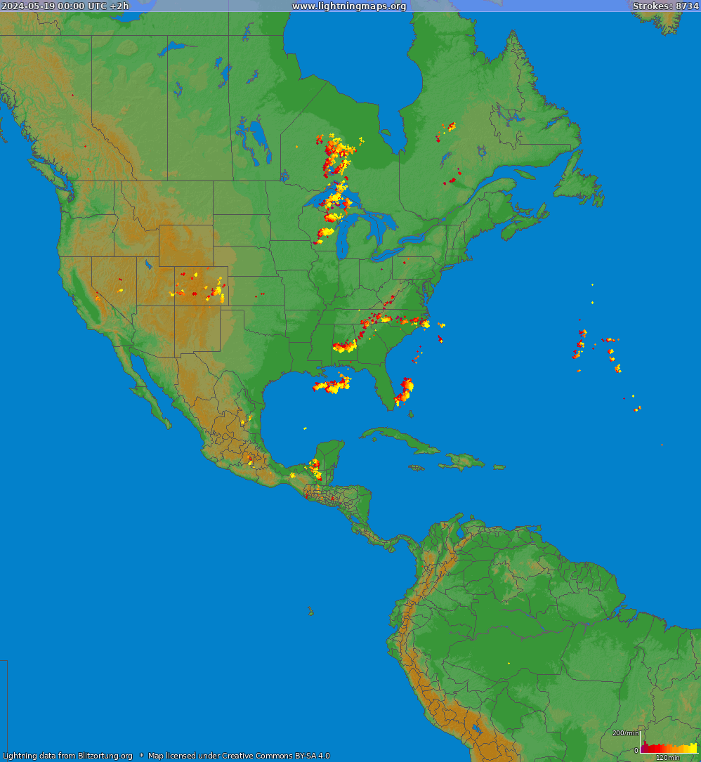 Mapa wyładowań Ameryka Północna 2024-05-19 (Animacja)