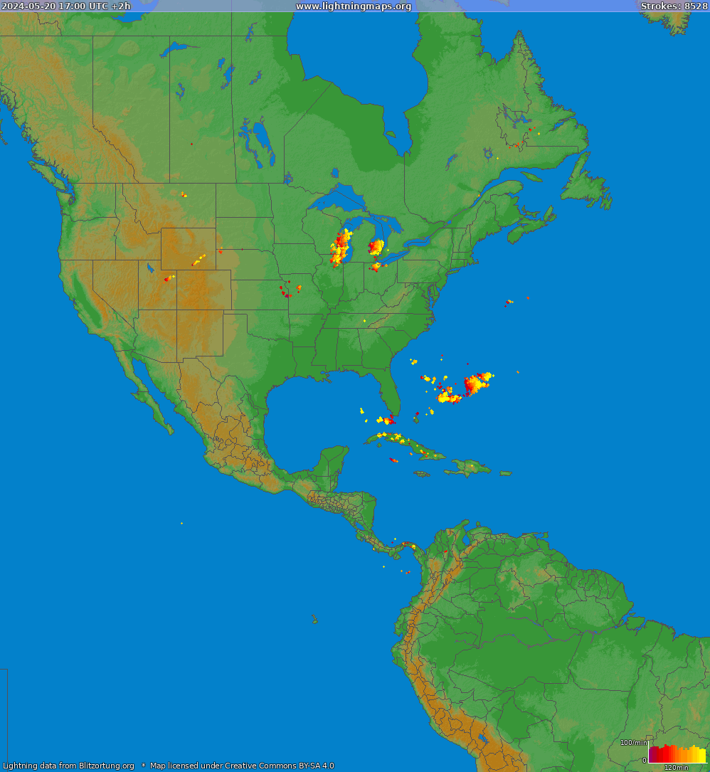 Mapa bleskov North America 20.05.2024 (Animácia)