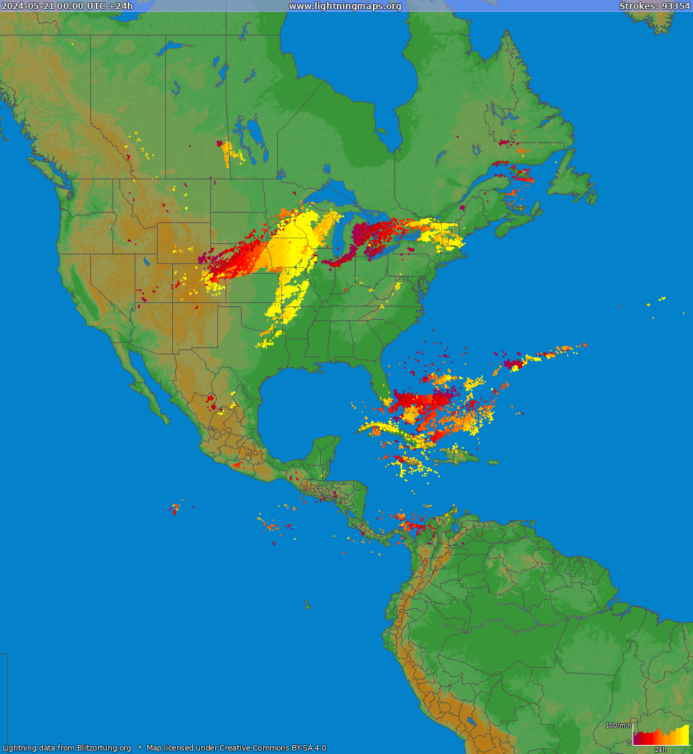 Mapa wyładowań Ameryka Północna 2024-05-21