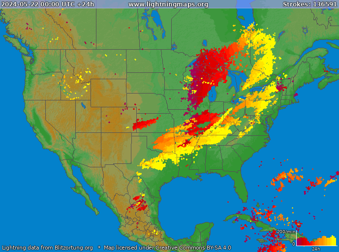 Mapa blesků USA 22.05.2024