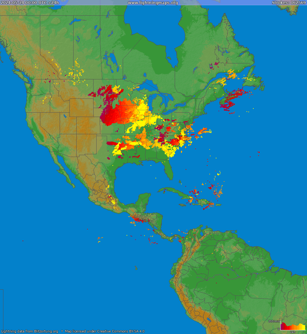 Карта блискавок Північна Америка 24.05.2024