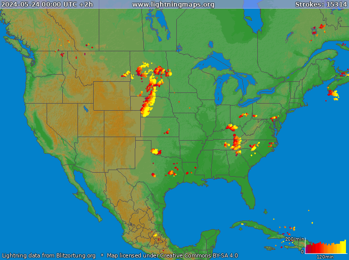 Mappa dei fulmini USA 24.05.2024 (Animazione)