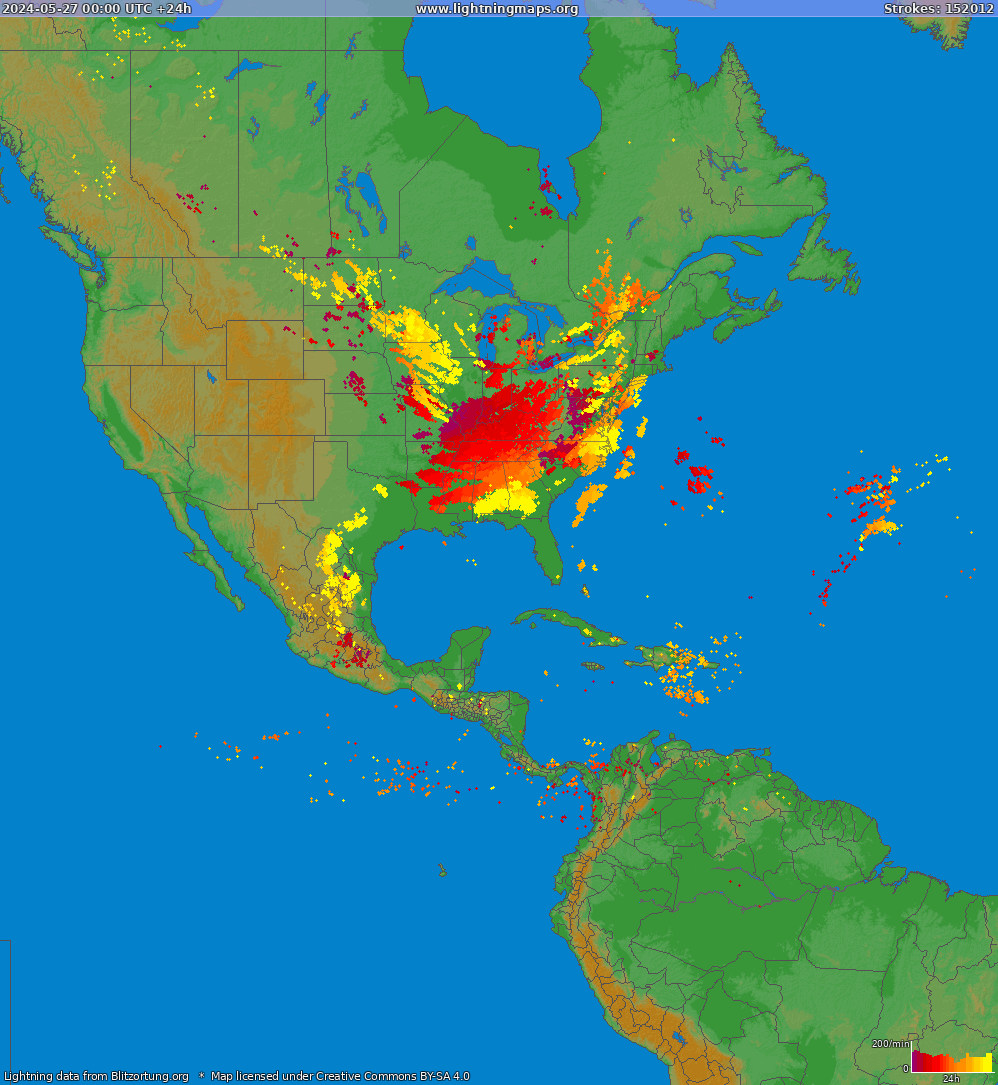 Карта блискавок Північна Америка 27.05.2024
