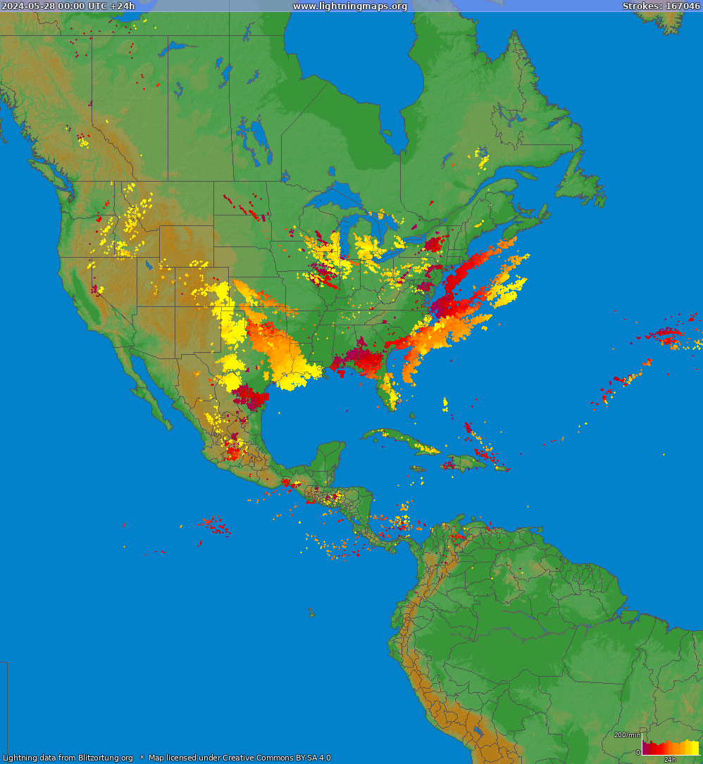 Карта блискавок Північна Америка 28.05.2024