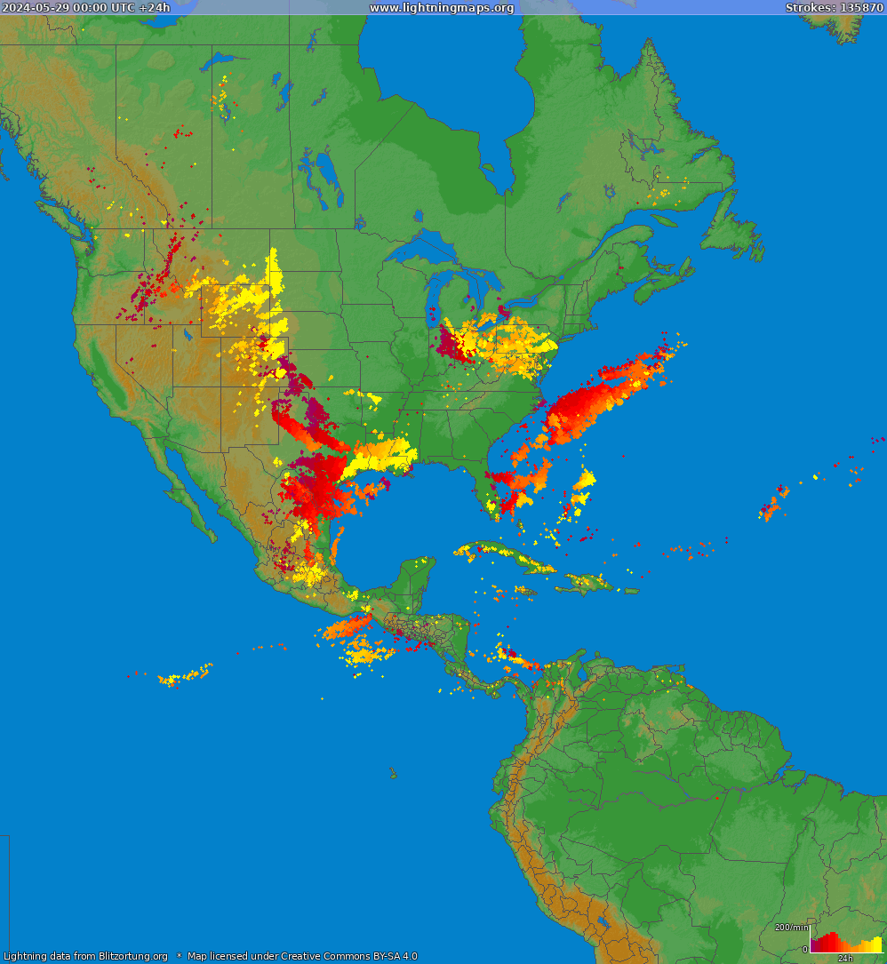 Mapa wyładowań Ameryka Północna 2024-05-29