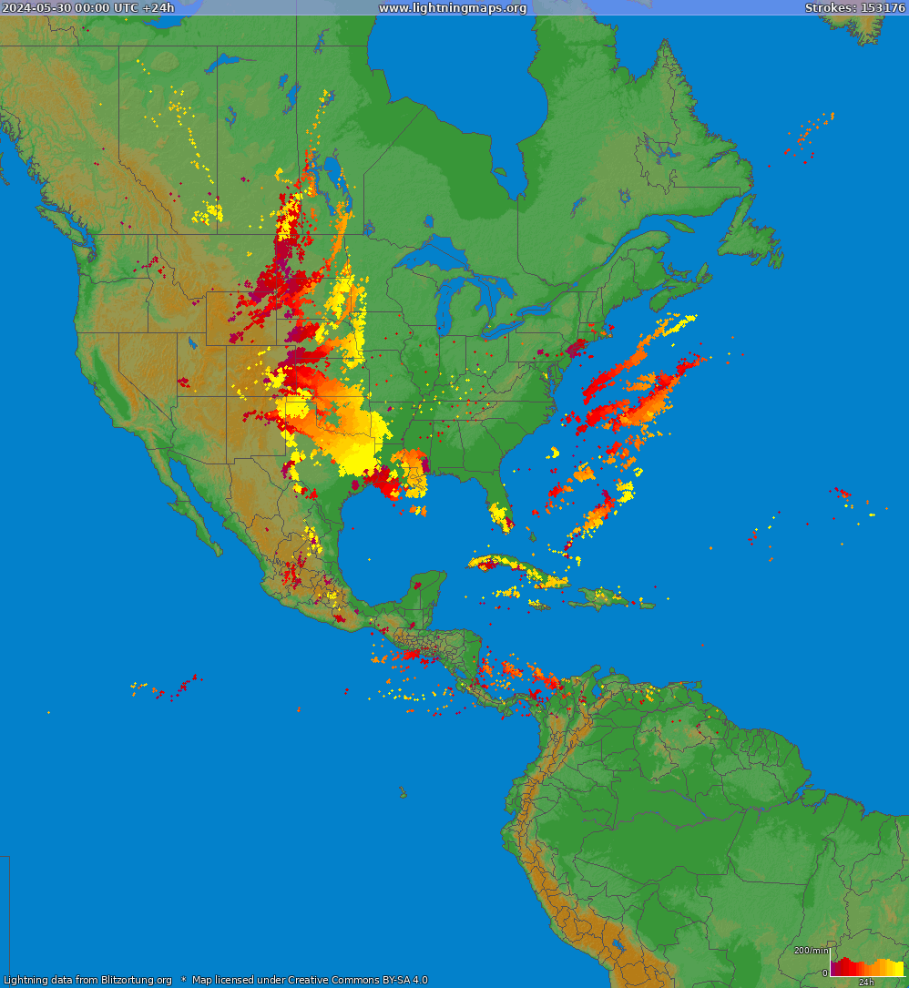 Карта блискавок Північна Америка 30.05.2024