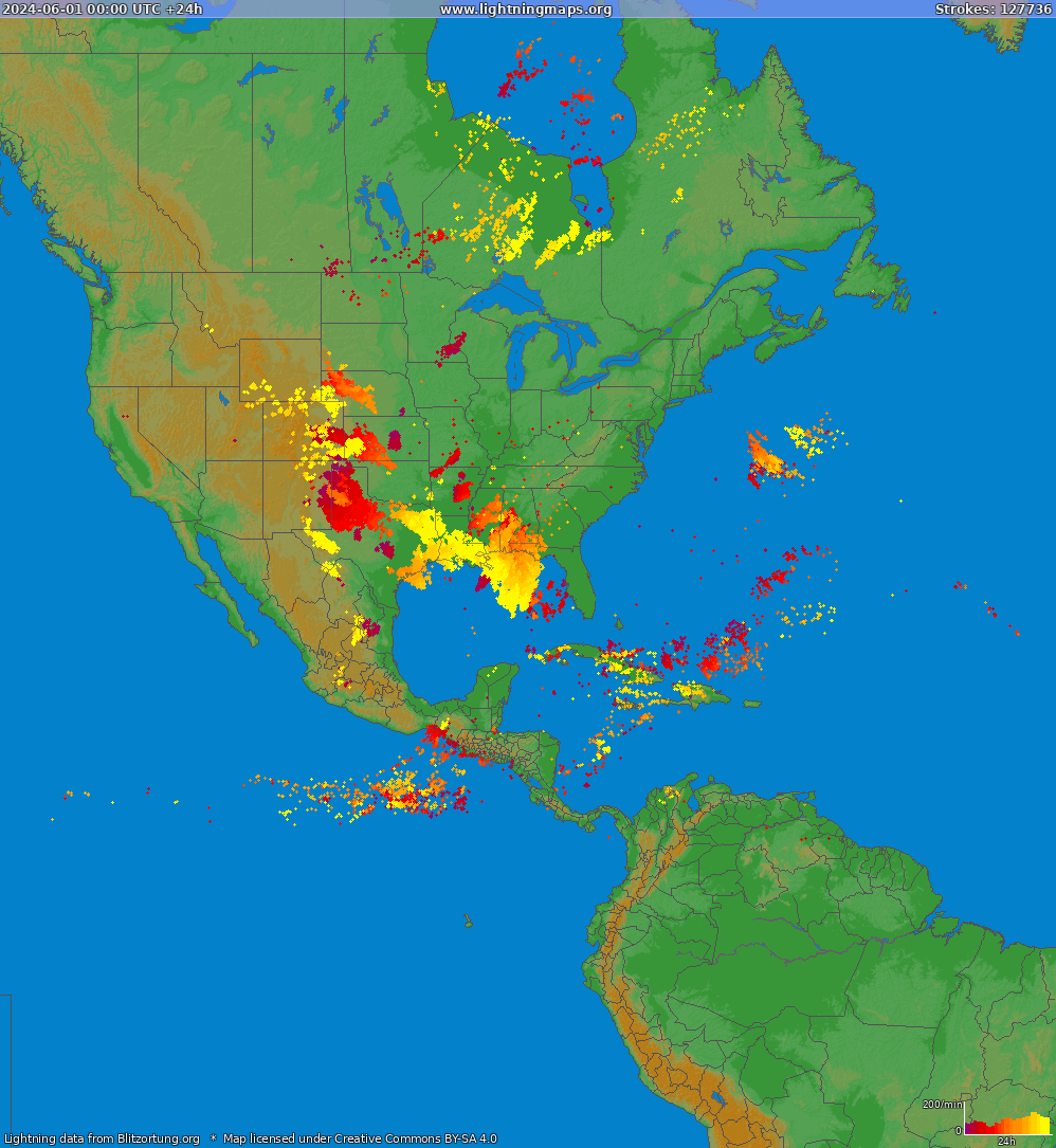 Mappa dei fulmini North America 01.06.2024