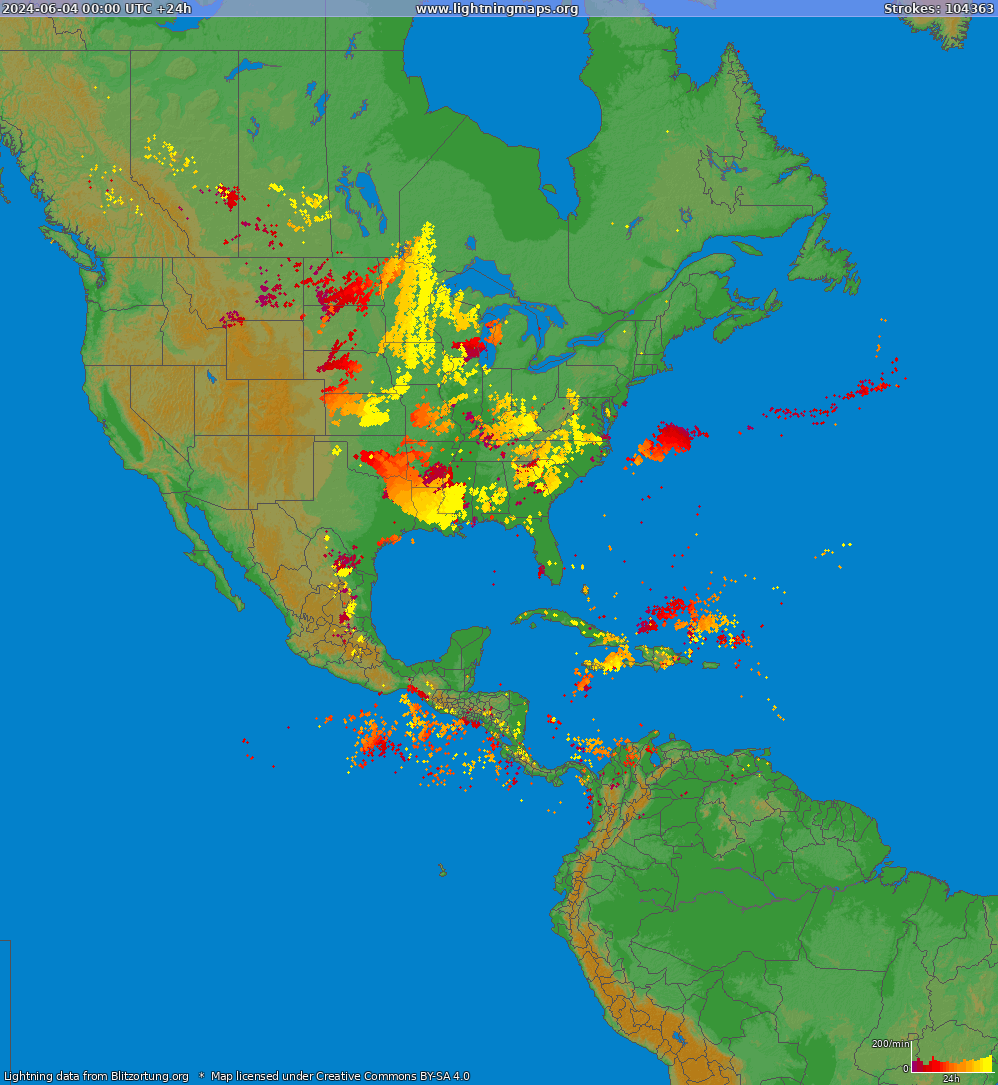 Lightning map North America 2024-06-04