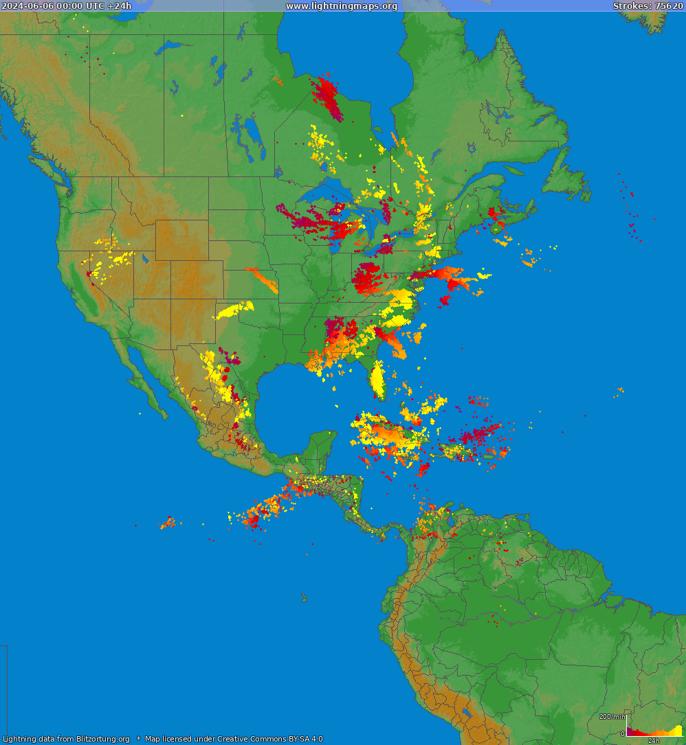 Lightning map North America 2024-06-06