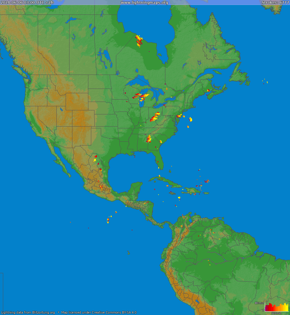 Lightning map North America 2024-06-06 (Animation)