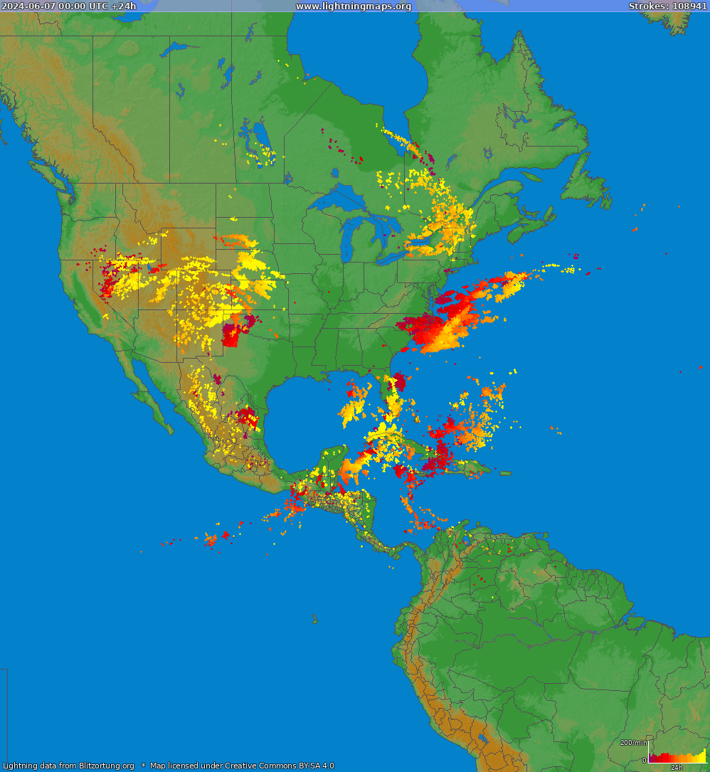 Mapa blesků North America 07.06.2024