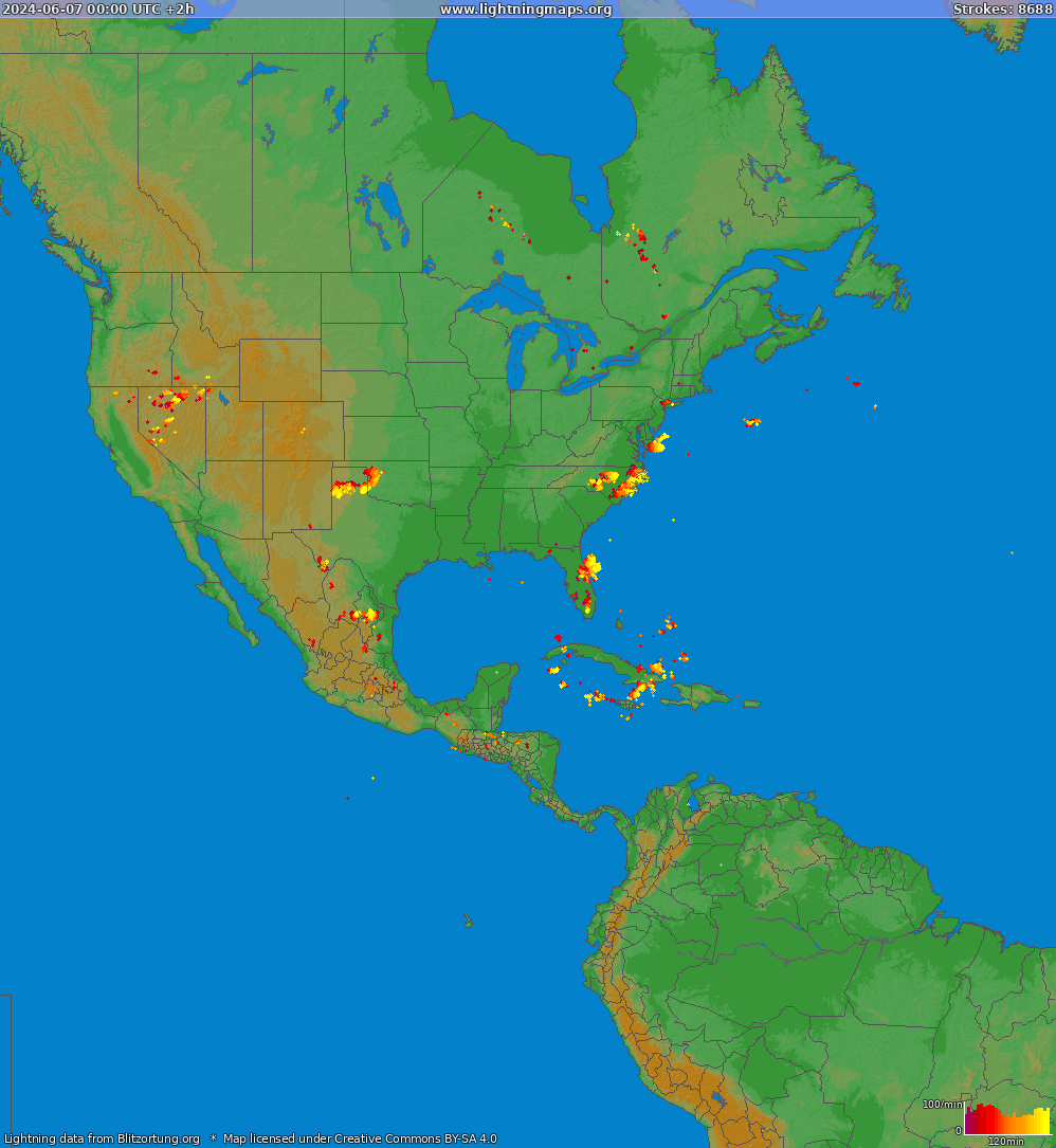 Lightning map North America 2024-06-07 (Animation)