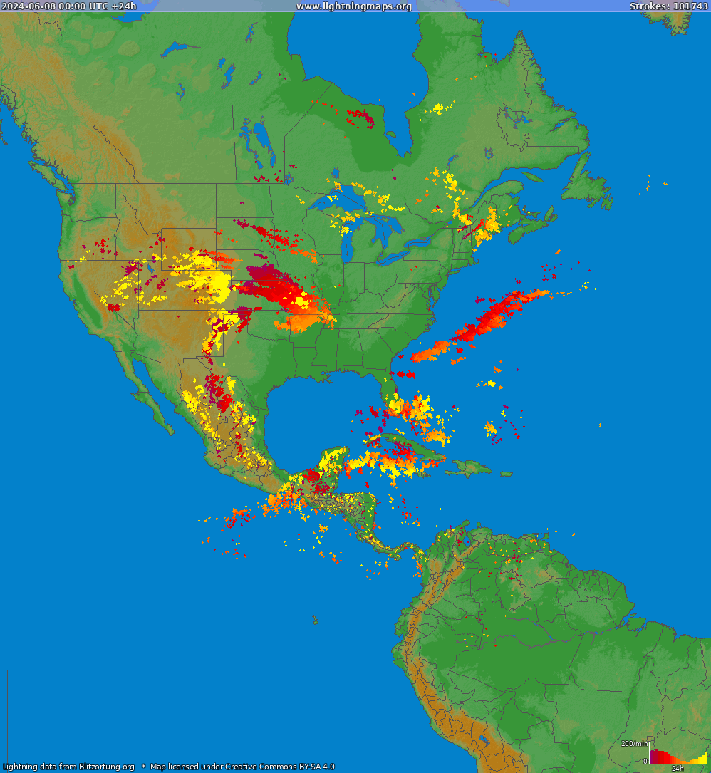 Mapa bleskov North America 08.06.2024