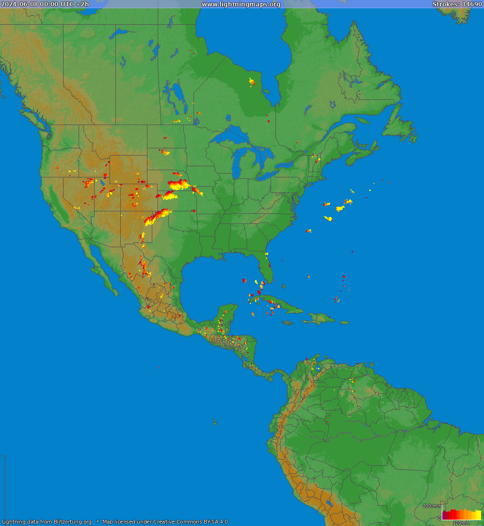 Mapa wyładowań Ameryka Północna 2024-06-08 (Animacja)