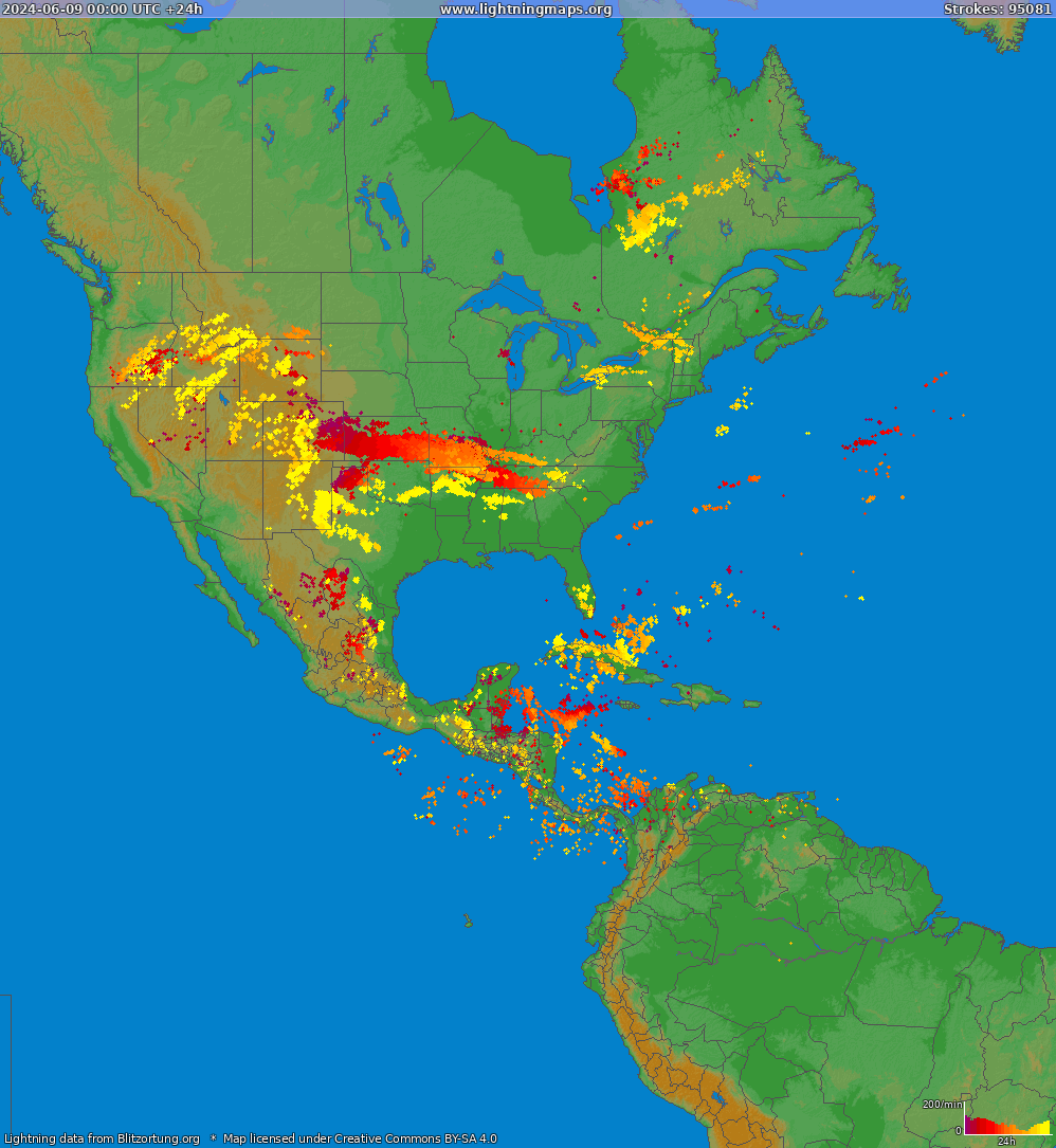 Lightning map North America 2024-06-09