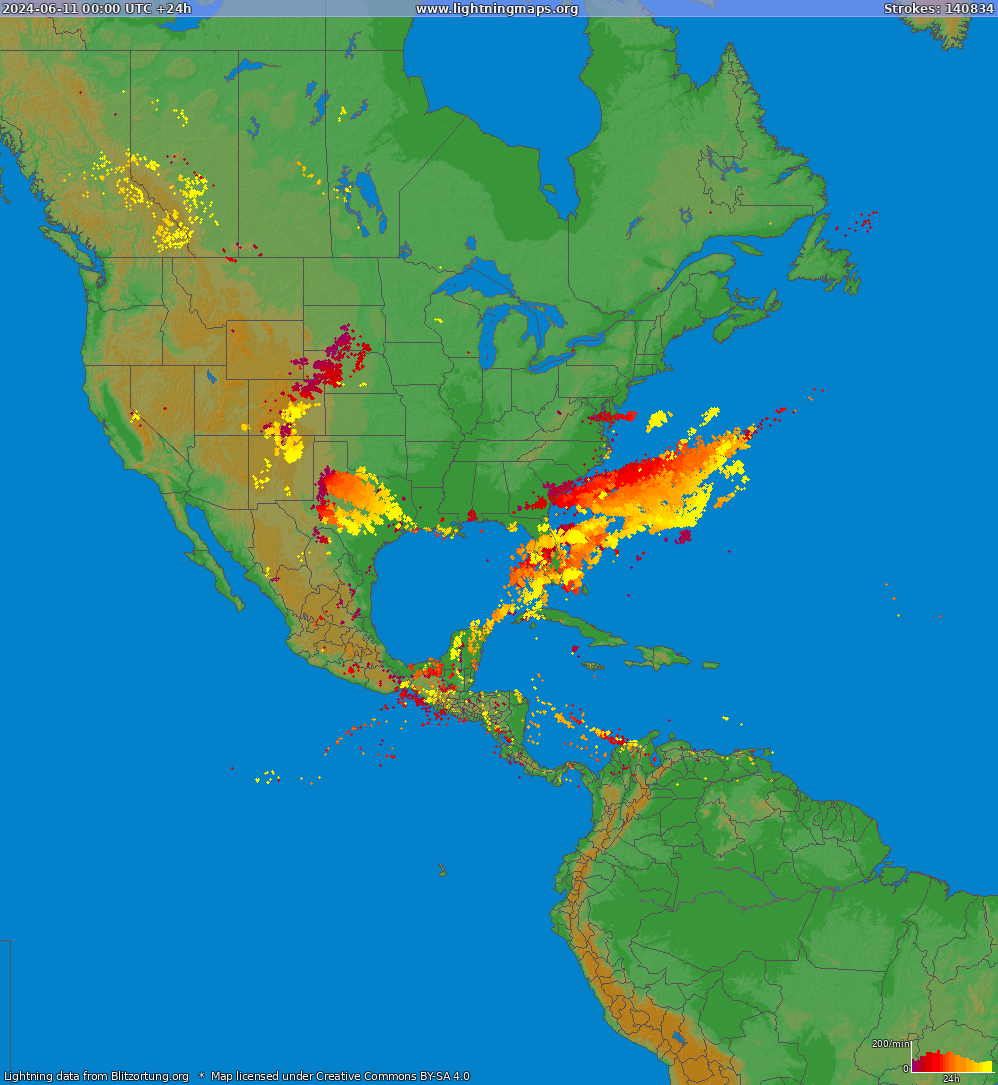 Mapa blesků North America 11.06.2024