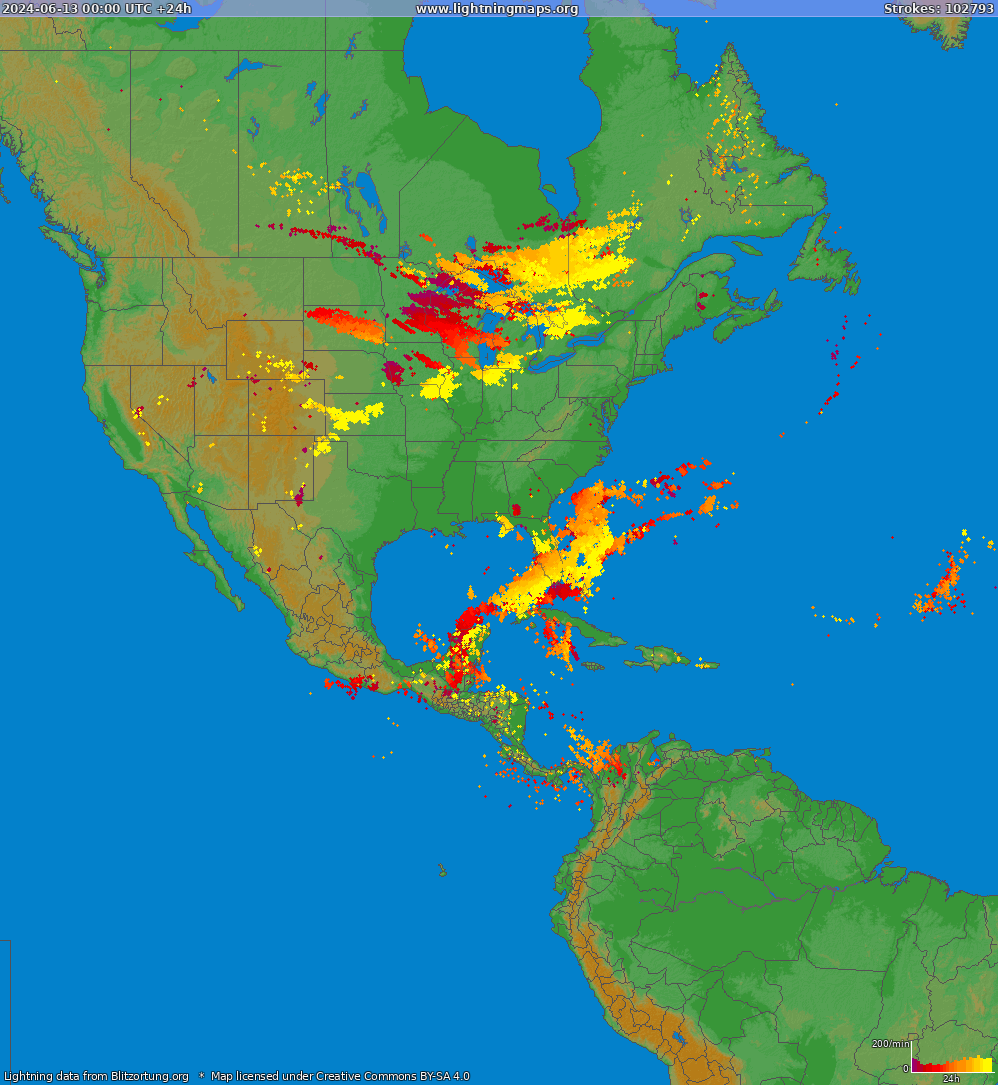 Mapa blesků North America 13.06.2024