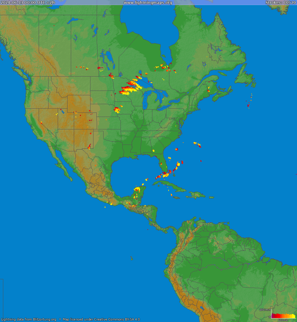 Mapa bleskov North America 13.06.2024 (Animácia)